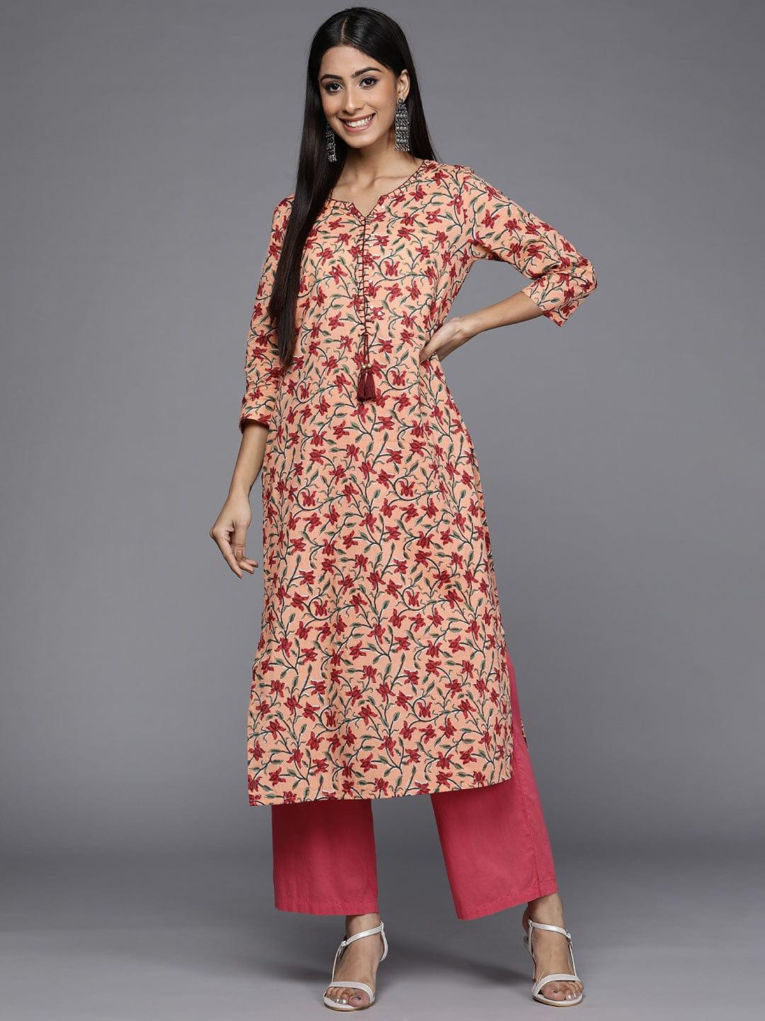 Varanga Women Peach-Coloured & Maroon Floral Printed Cotton Kurta - Indiakreations