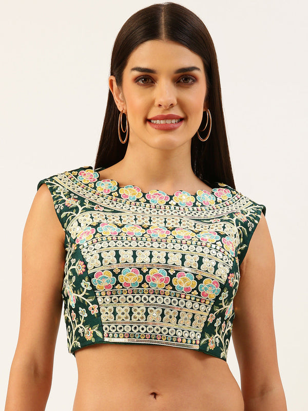 Women's Green Gold Toned Sequincee Work Net Readymade Blouse - Panchhi