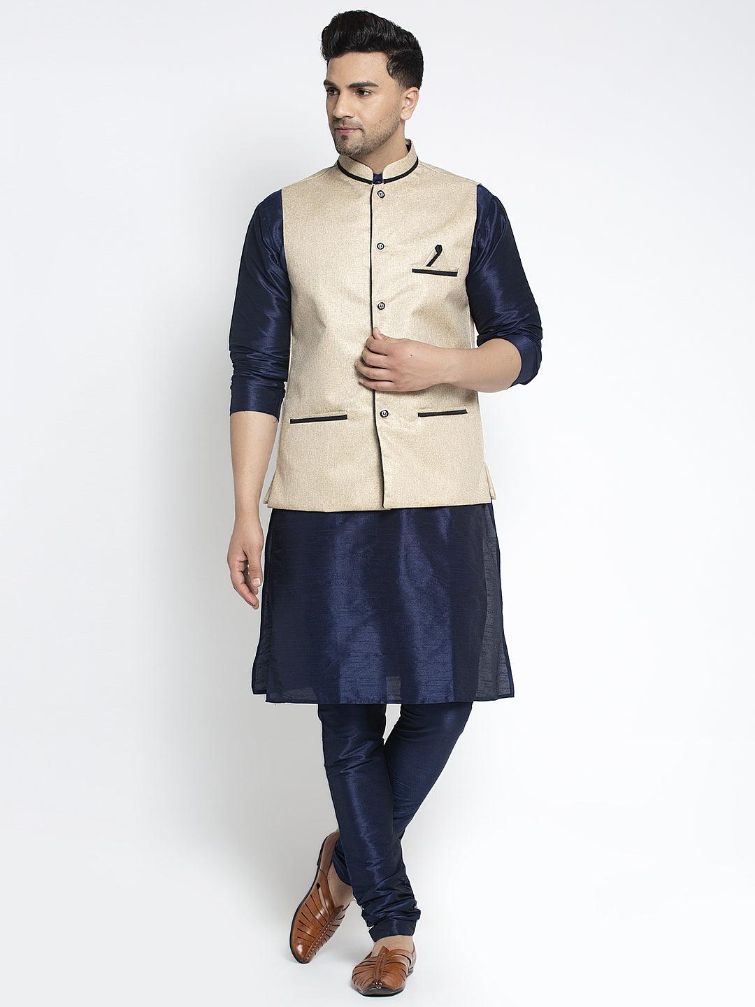 Men's Silk Blend Navy Blue Kurta With Pyjama & Beige Nehru Jacket - Benstoke - Indiakreations