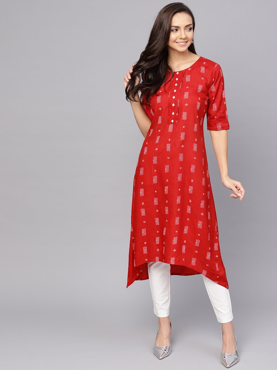 Women's Red Checked A-Line Kurta - Anubhutee