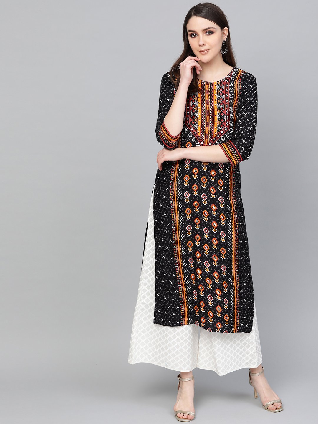 Women's Black-White Kurta with Palazzos set by Anubhutee- (2pcs set)