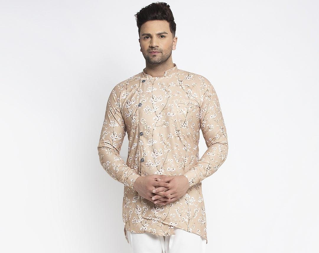 Men's Beige & White Asymmetric Printed Short Kurta - Benstoke - Indiakreations