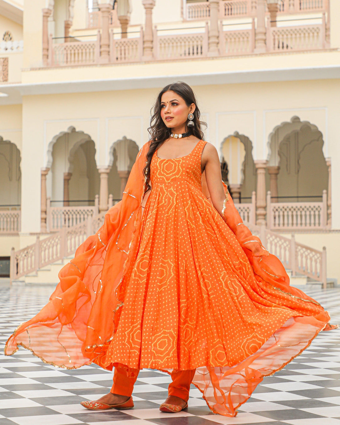 Women's Orange Bandhej Modal Anarkali Kurta Pant Dupatta Set - Baisacrafts - Indiakreations