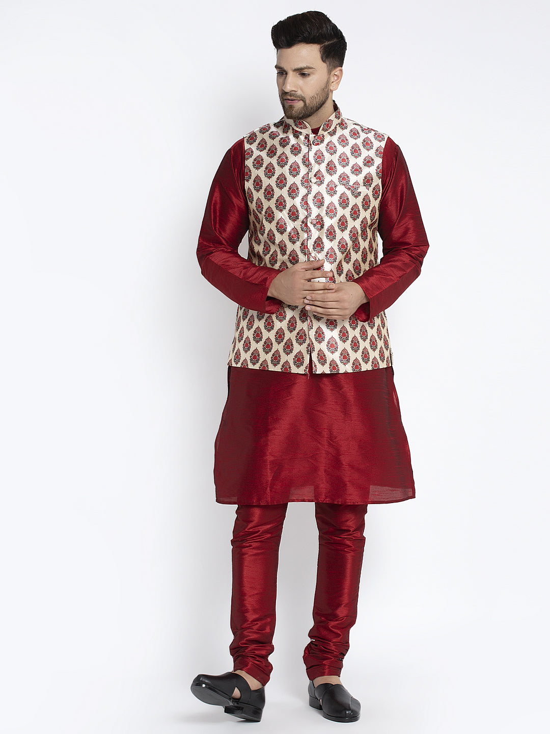 Men's Silk Blend Maroon Kurta With Pyjama & Cream Printed Nehru Jacket - Benstoke