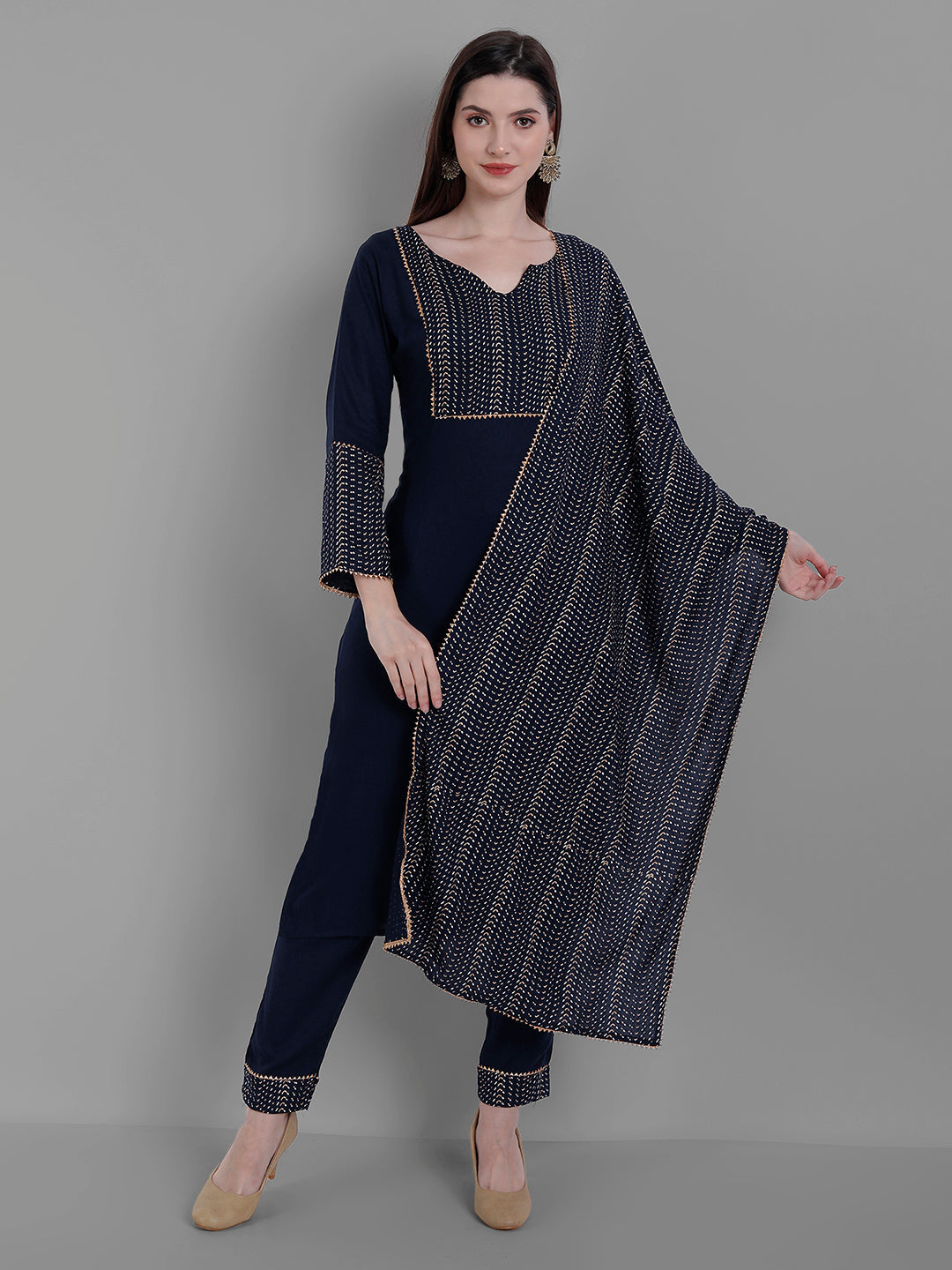 Women's Navy Rayon Kurta Pant And Dupatta Set - Noz2Toz