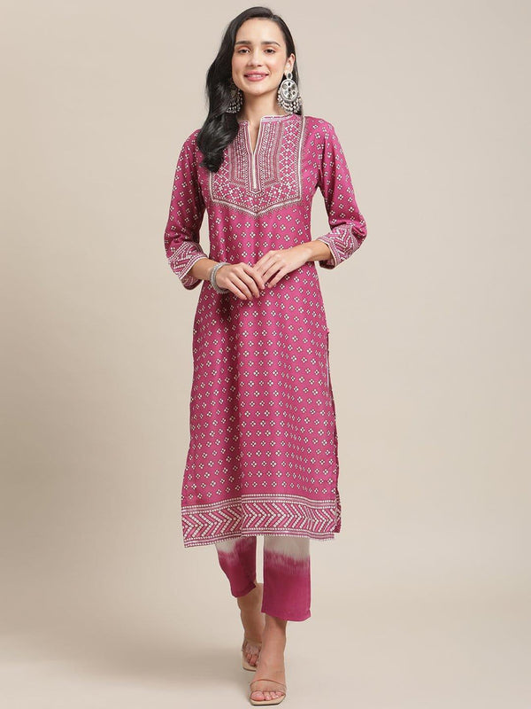 Magenta And Off White Bandhej Printed And Zari Embellished Kurta Trouser Set - Indiakreations