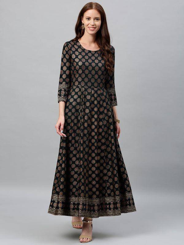 Women's Black & Golden Rayon Anarkali Kurta by Kipek (1pc)