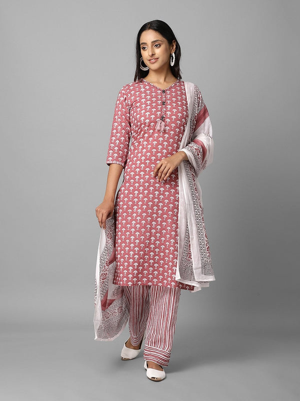 Women's Pink And White Ethnic Printed Side Slit Straight Kurta Palazzo And Dupatta Set - Azira