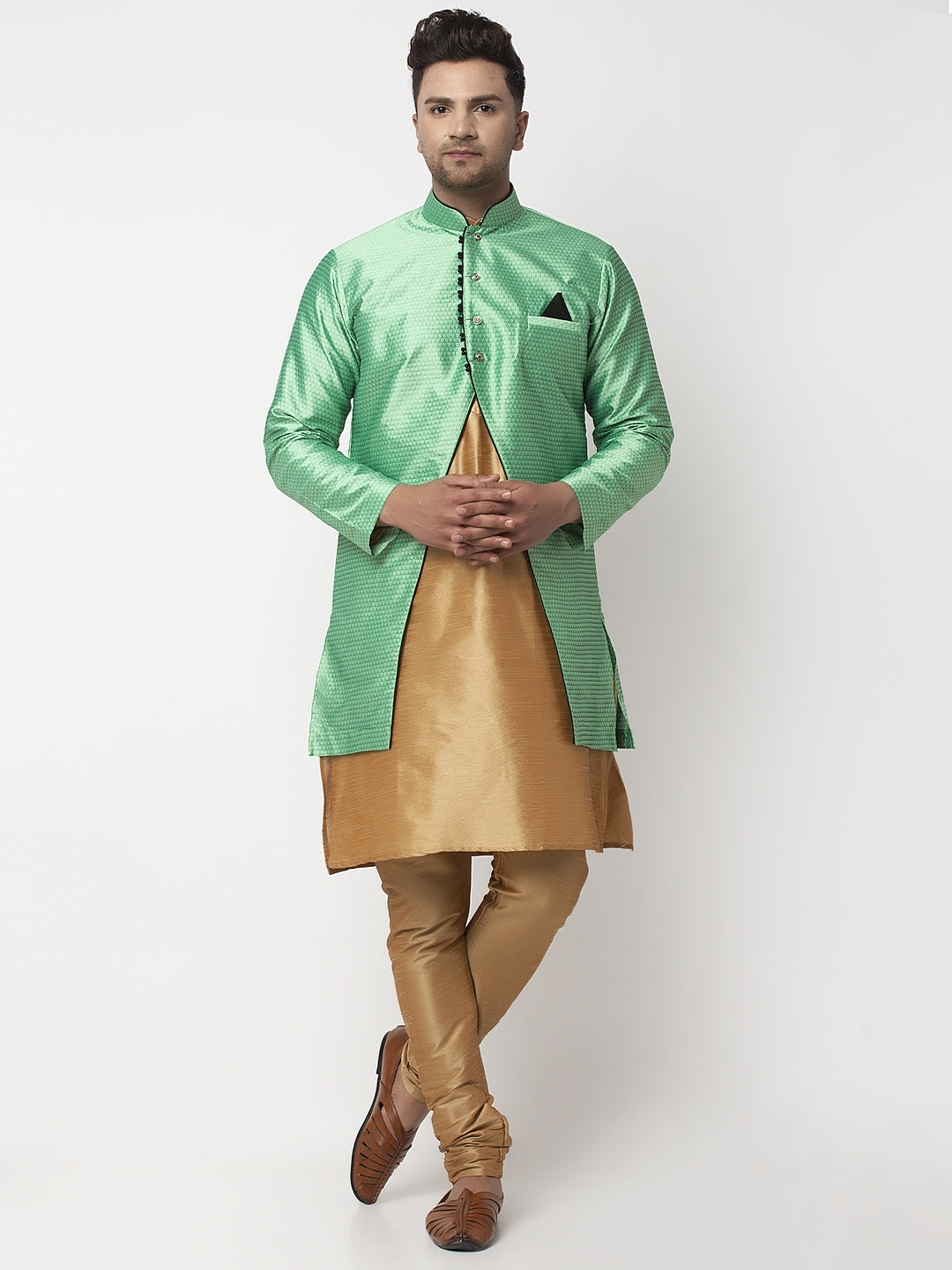 Men's Copper Kurta With Pyjama & Sea Green Self Design Jacket - Benstoke