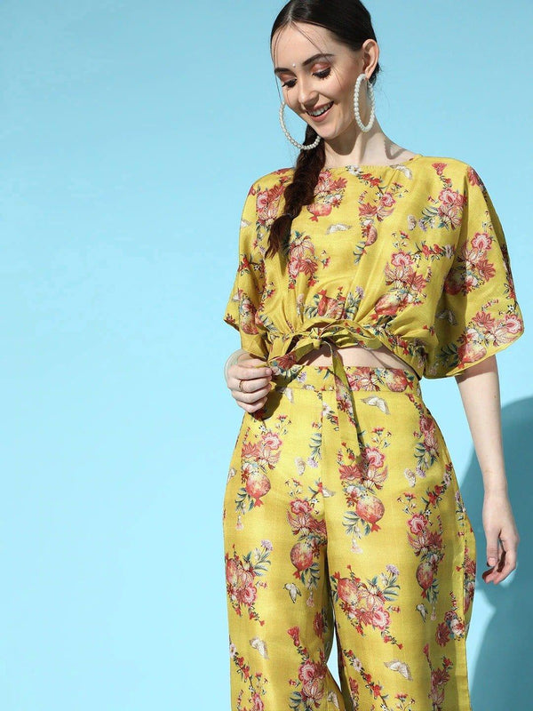 Mustard Floral Printed Crop Top With Flared Trouser Co-Ord Set - Indiakreations