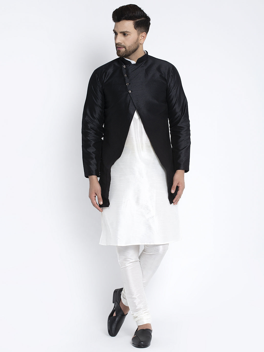 Men's White Kurta With Pyjama & Black Self Design Jacket - Benstoke