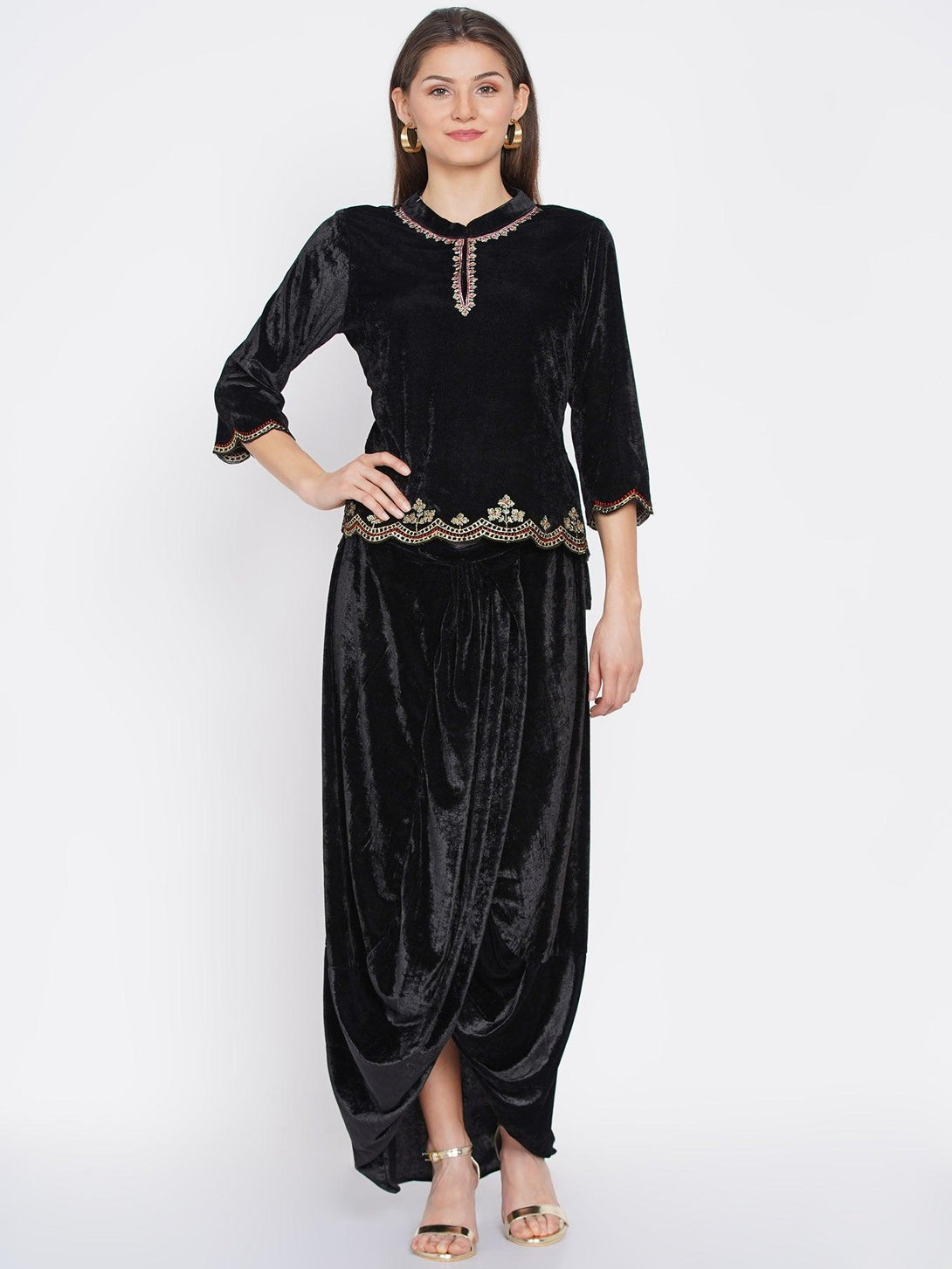 Women's Black Embroidered Velvet Kurta with Dhoti - Women Republic - Indiakreations