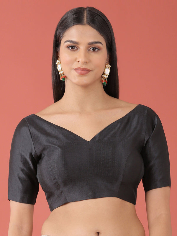 Women's Black-Toned Pure Silk Plain Readymade Blouse - Panchhi