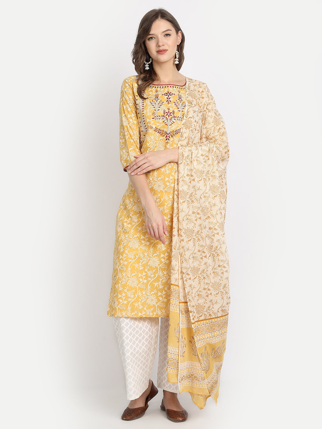 Women'S Yellow Ethnic Motifs Printed Panelled Pure Cotton Kurta With Salwar  With Dupatta - Anubhutee