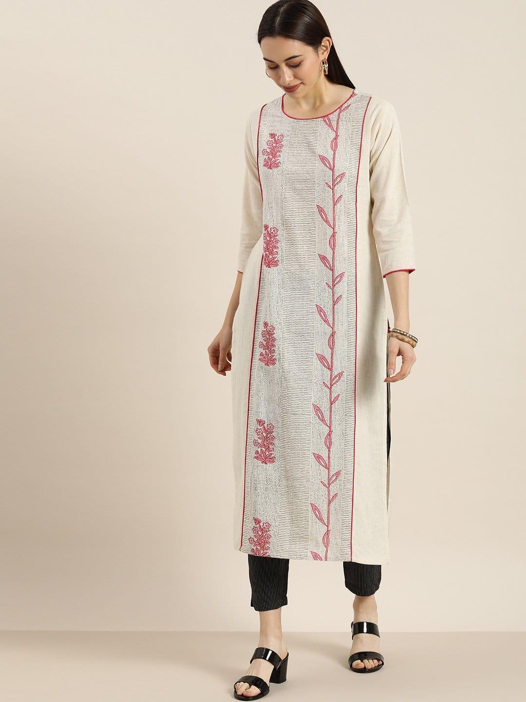 KSUT Off White And Pink Floral Printed Straight Kurta With Black And White Stripe Trouser - Indiakreations