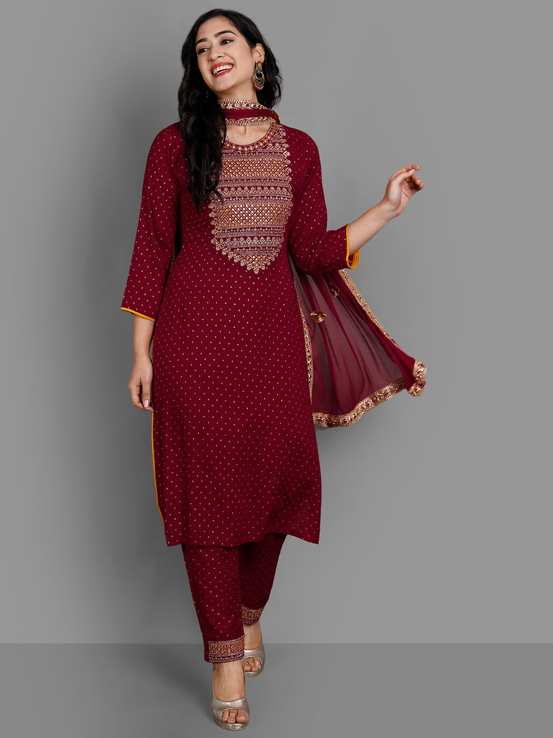 Women's Maroon Rayon Kurta Pant And Dupatta Set - Noz2Toz