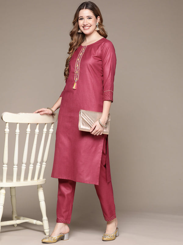 Women's Magenta Embroidered Kurta Set with Trousers - Anubhutee