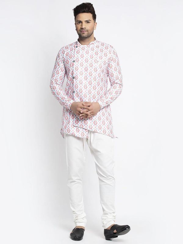 Men's White & Peach Printed Short Kurta With White Pyjama - Benstoke - Indiakreations