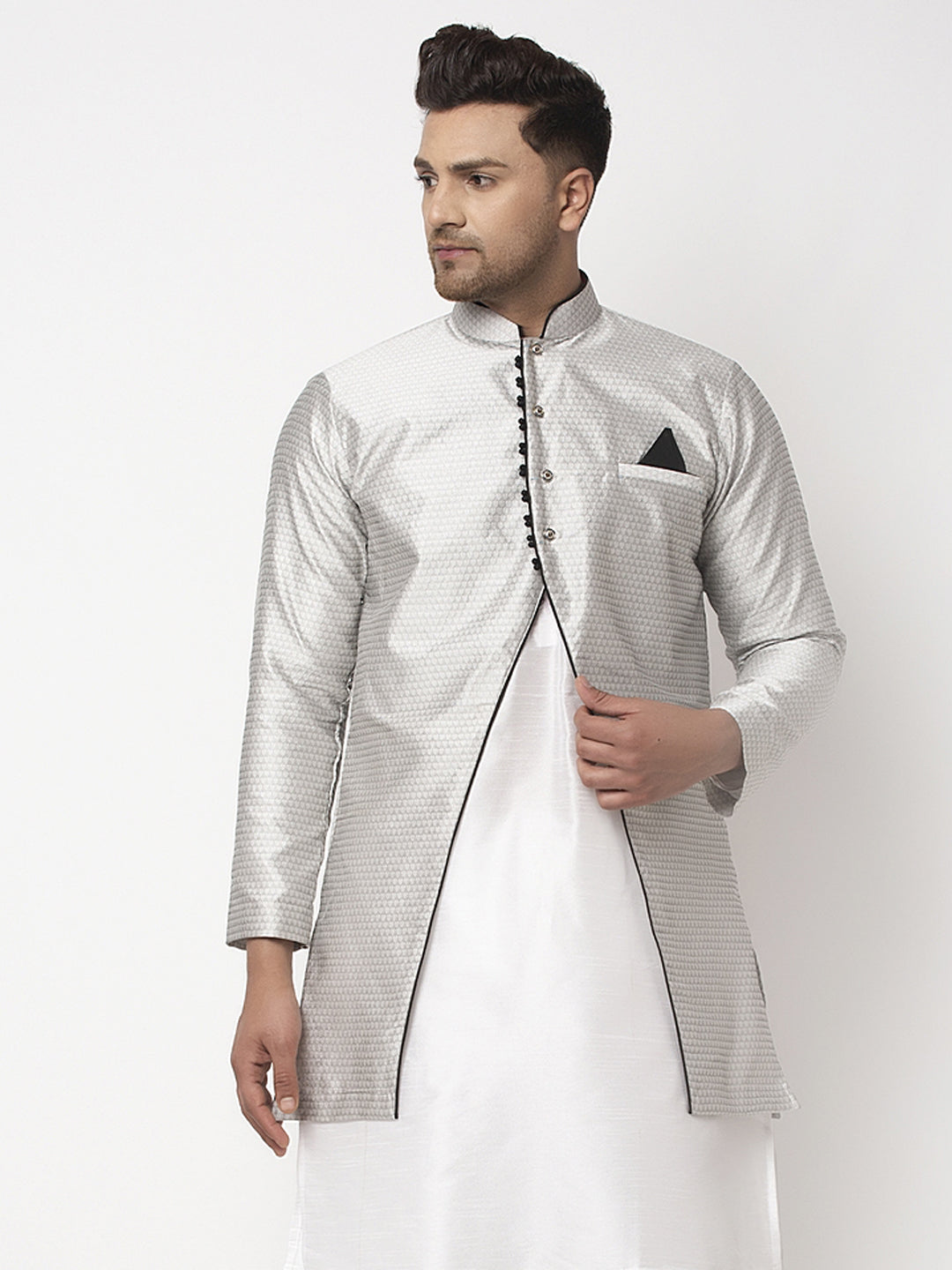 Men's Grey Self Design Sherwani Jacket - Benstoke