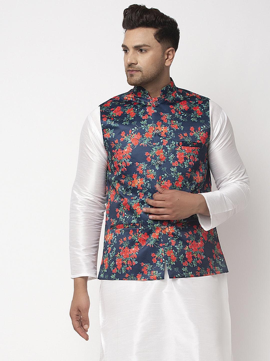 Men's Navy Blue & Orange Printed Nehru Jacket - Benstoke - Indiakreations