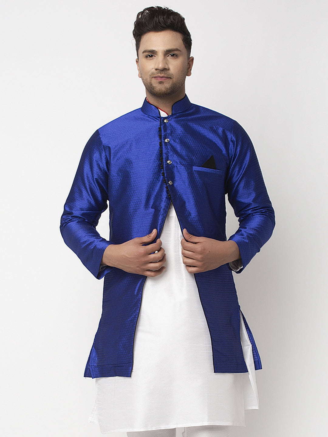 Men's Royal Blue Self Design Sherwani Jacket - Benstoke