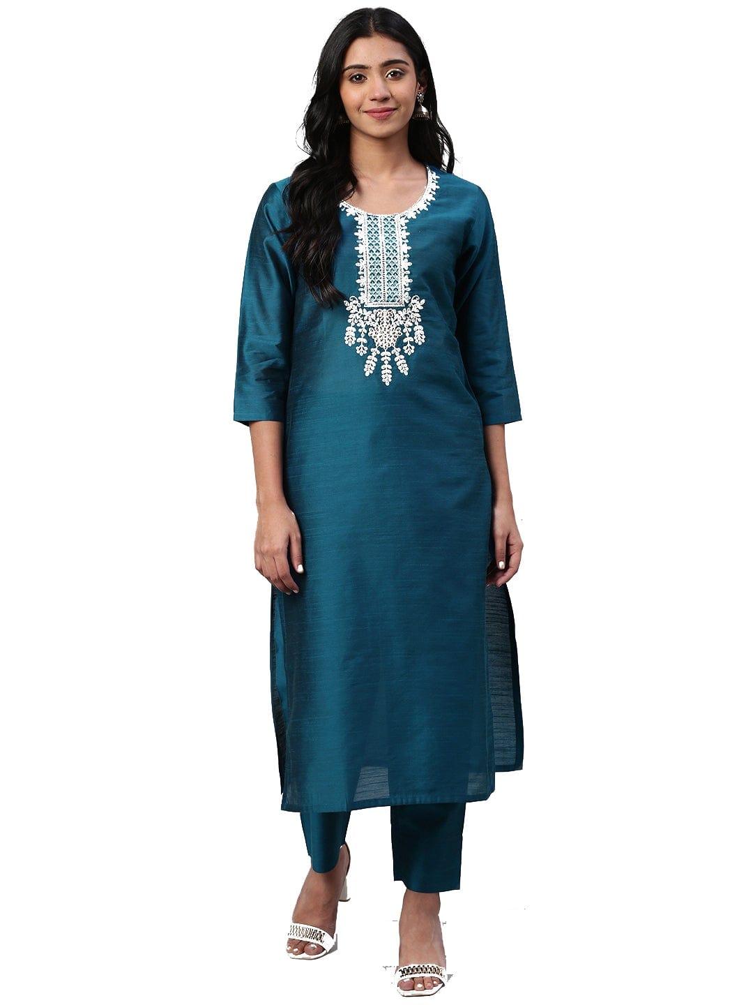 KSUT Teal Blue & Golden Yoke Design Kurta with Trousers - Indiakreations