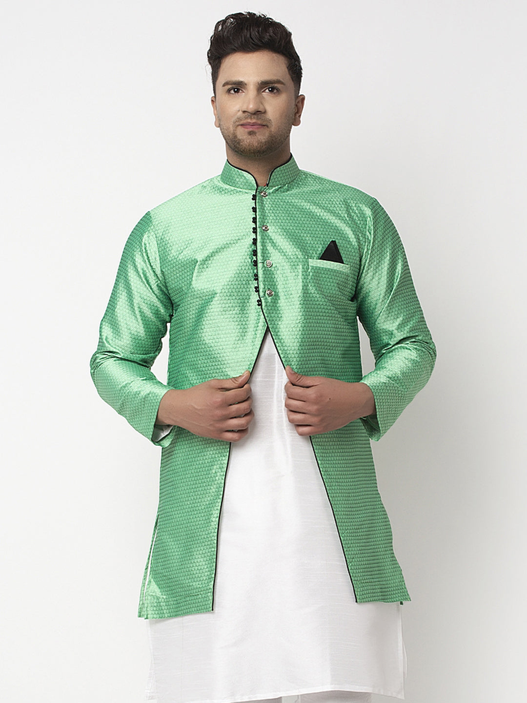 Men's Light Green Self Design Sherwani Jacket - Benstoke