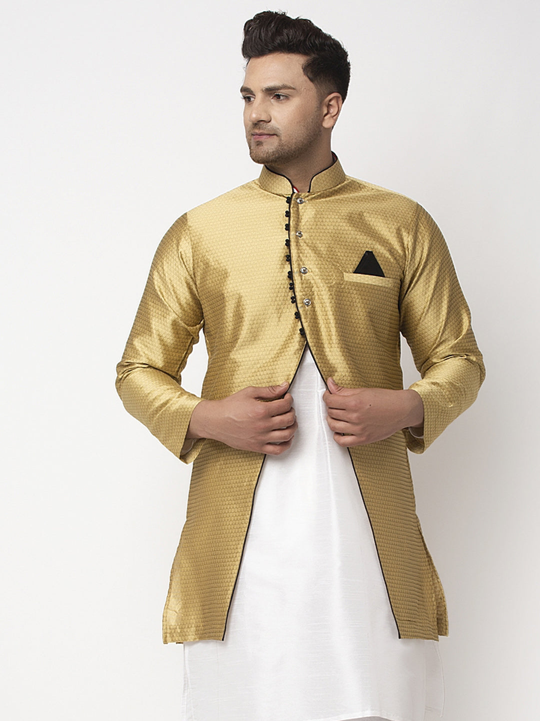 Men's Gold Self Design Sherwani Jacket - Benstoke