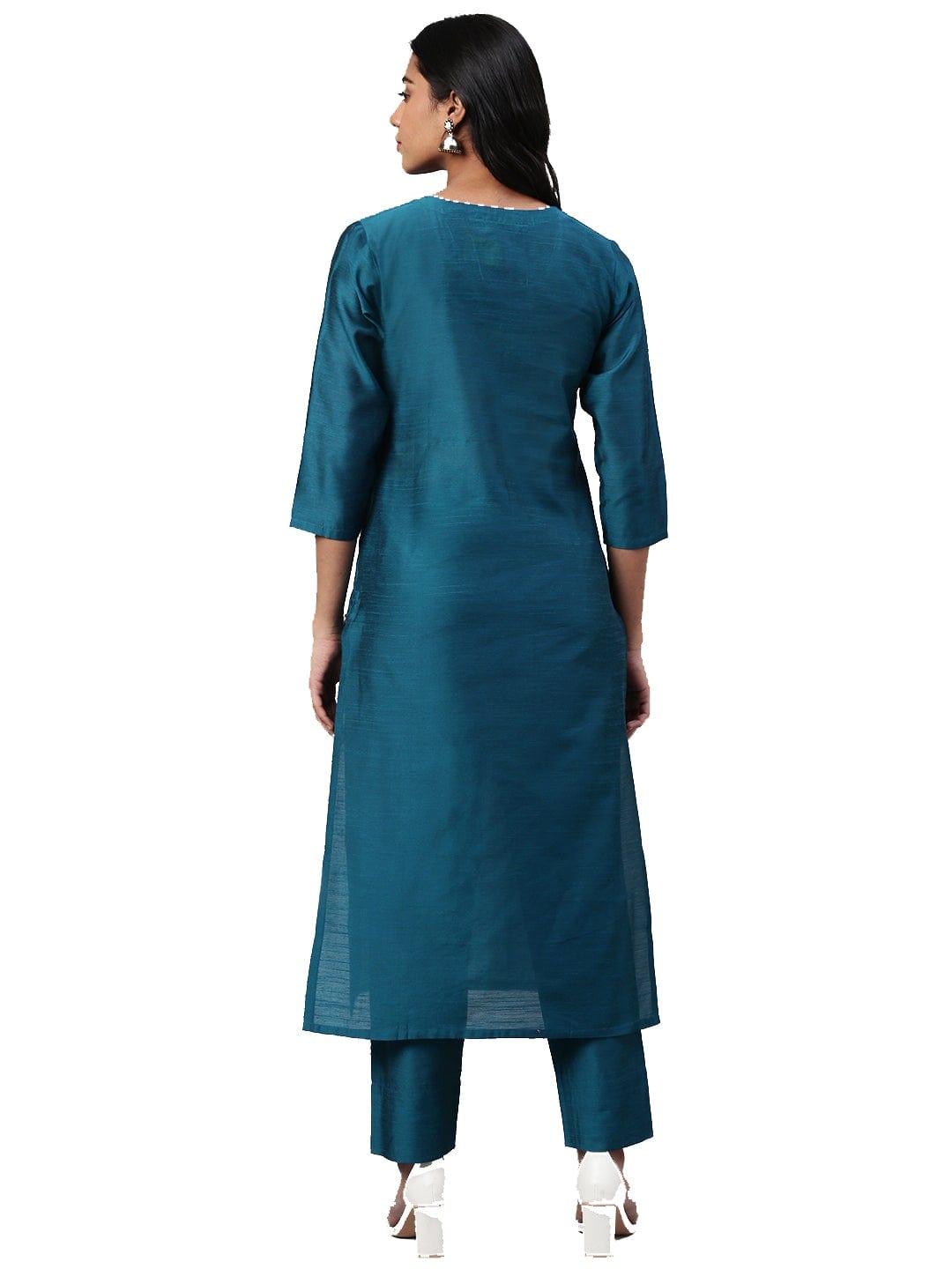 KSUT Teal Blue & Golden Yoke Design Kurta with Trousers - Indiakreations