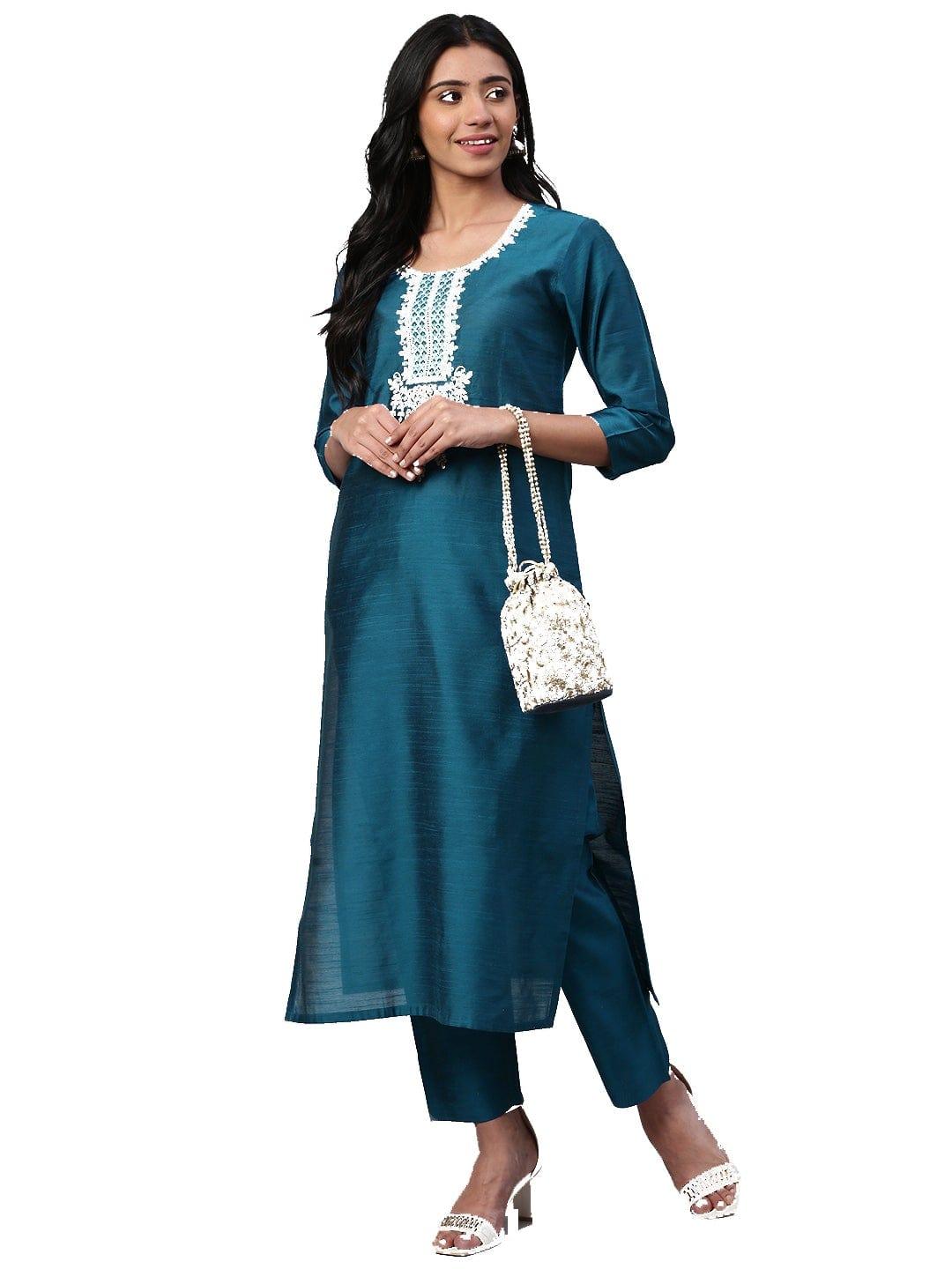 KSUT Teal Blue & Golden Yoke Design Kurta with Trousers - Indiakreations