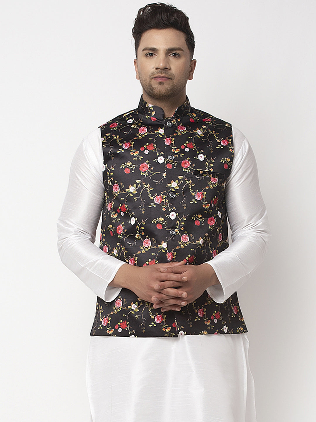 Men's Black & Multi Printed Nehru Jacket - Benstoke