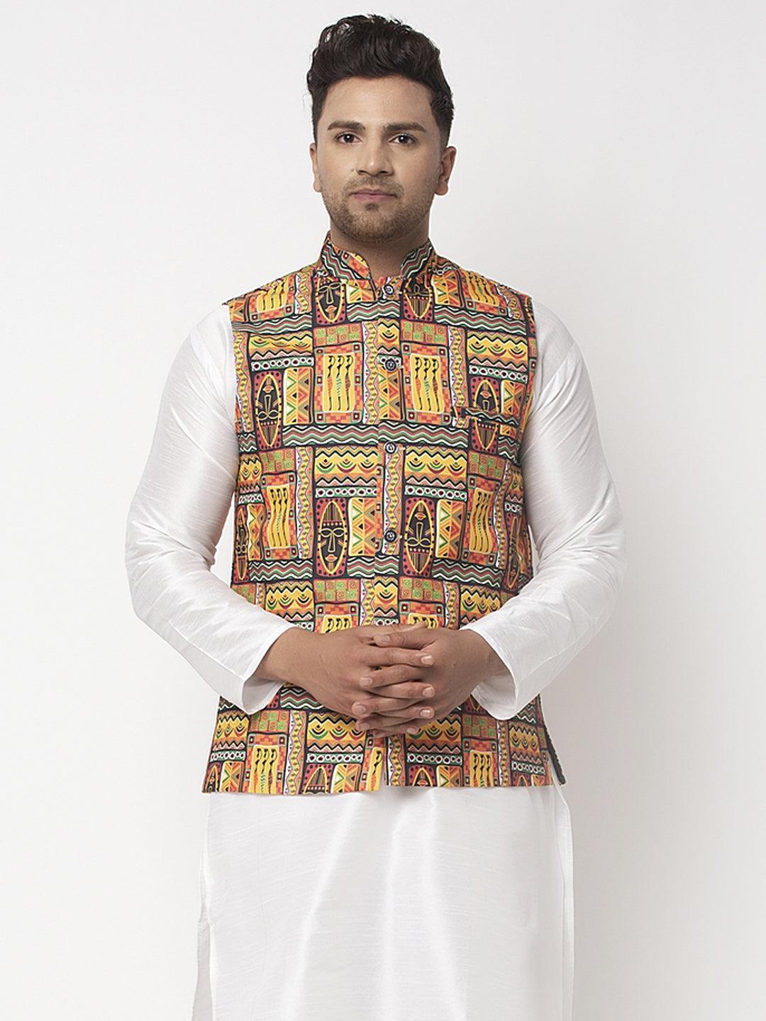 Men's Yellow & Black Printed Nehru Jacket - Benstoke - Indiakreations