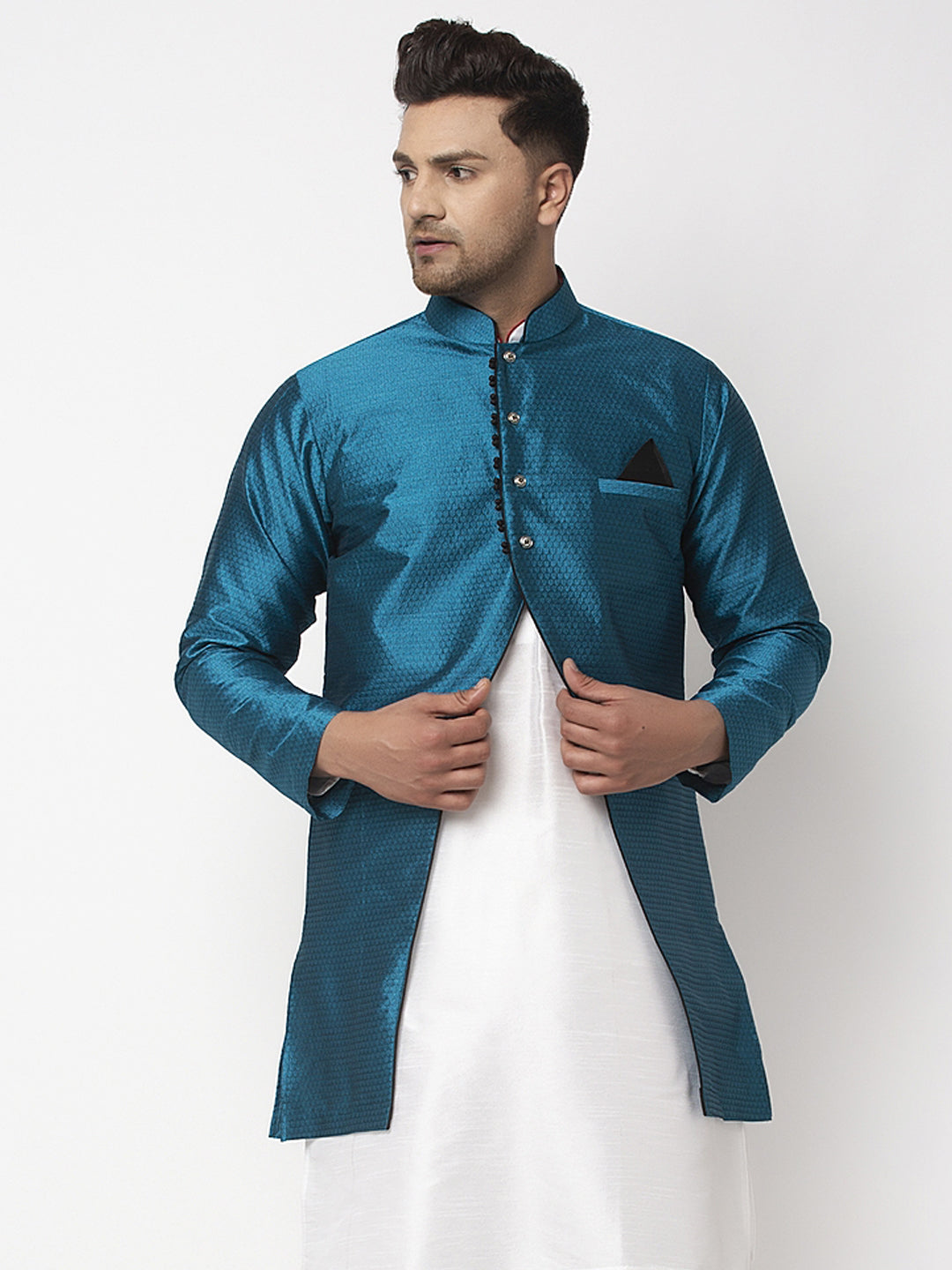 Men's Peacock Blue Self Design Sherwani Jacket - Benstoke