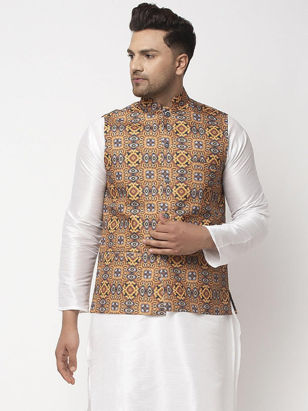 Men's Mustard & Charcoal Grey Printed Nehru Jacket - Benstoke - Indiakreations