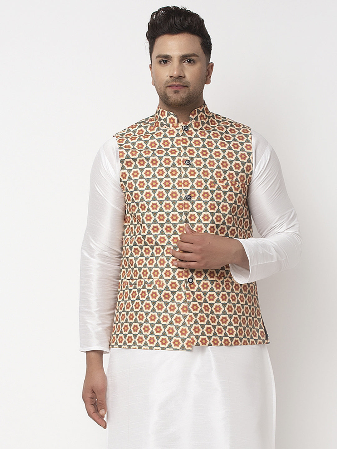 Men's Green & Beige Printed Nehru Jacket - Benstoke