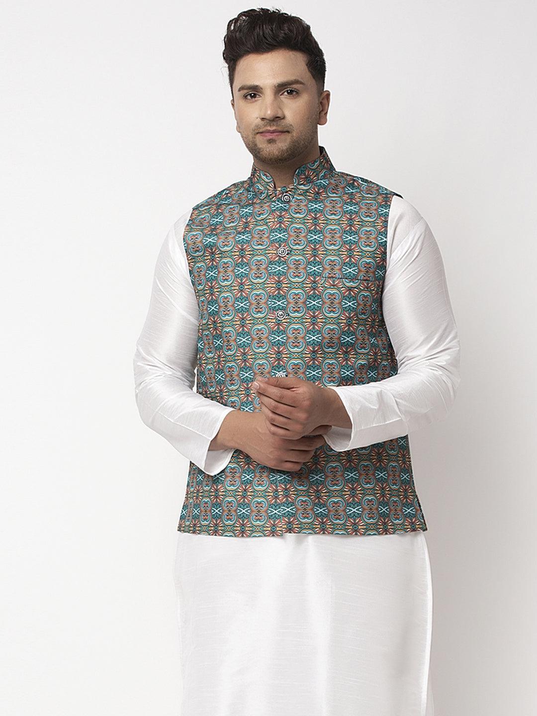 Men's Teal Blue & Multi Printed Nehru Jacket - Benstoke - Indiakreations