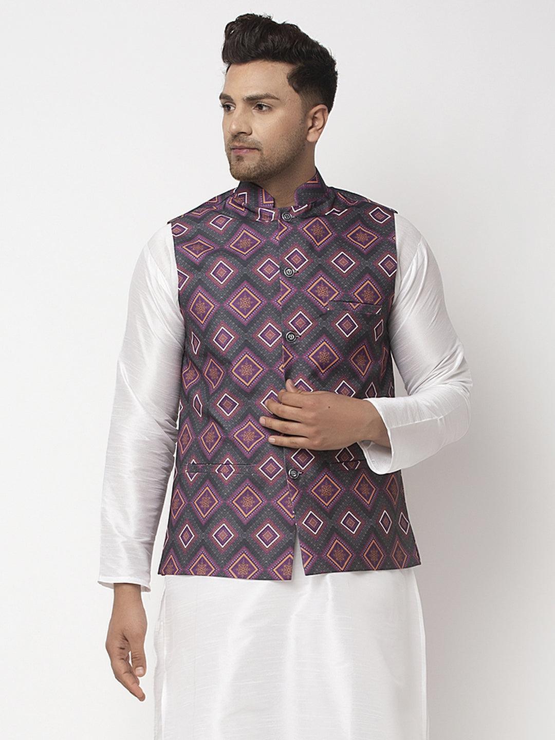 Men's Charcoal Grey & Purple Printed Nehru Jacket - Benstoke - Indiakreations