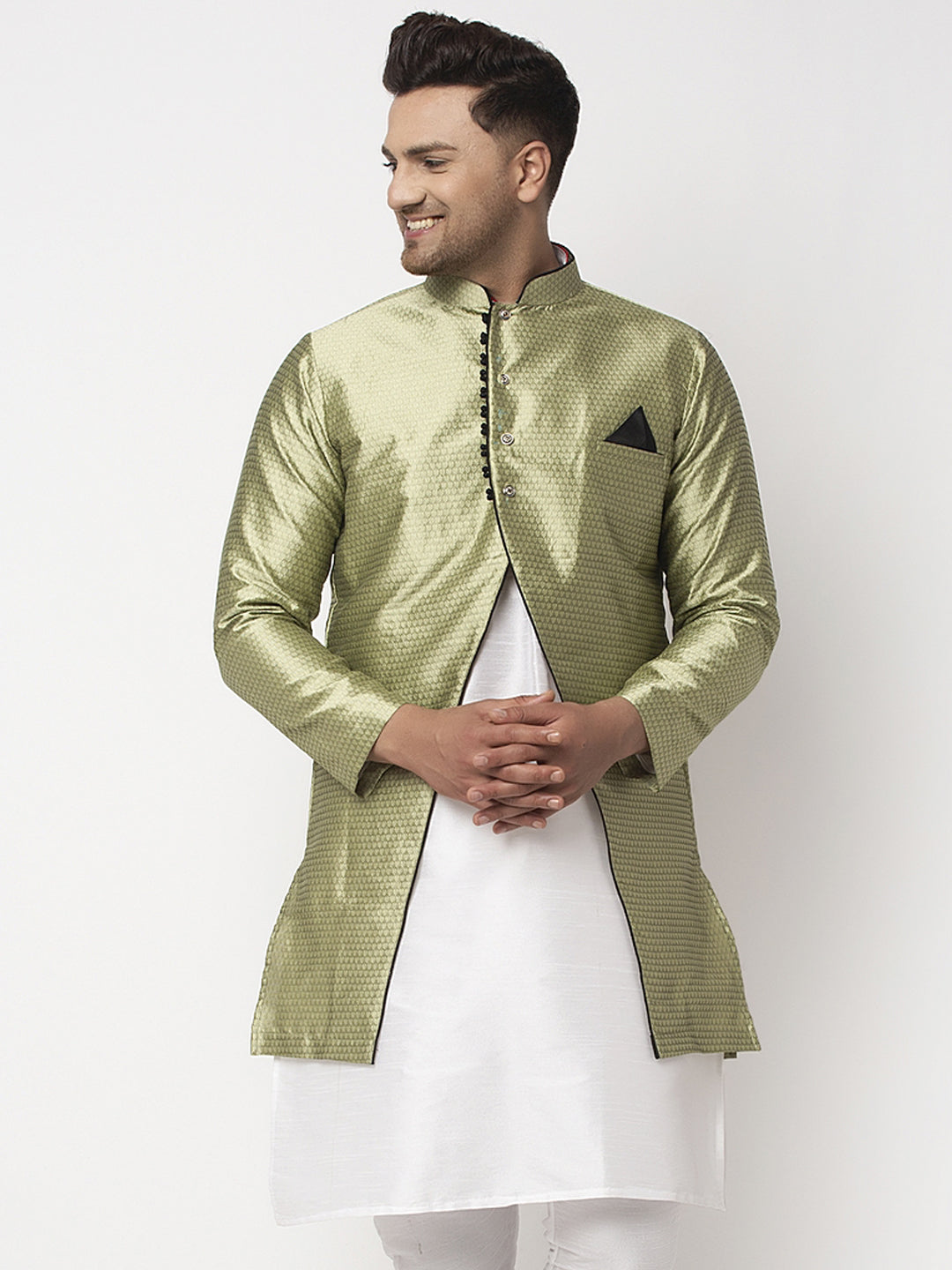 Men's Beige Self Design Sherwani Jacket - Benstoke