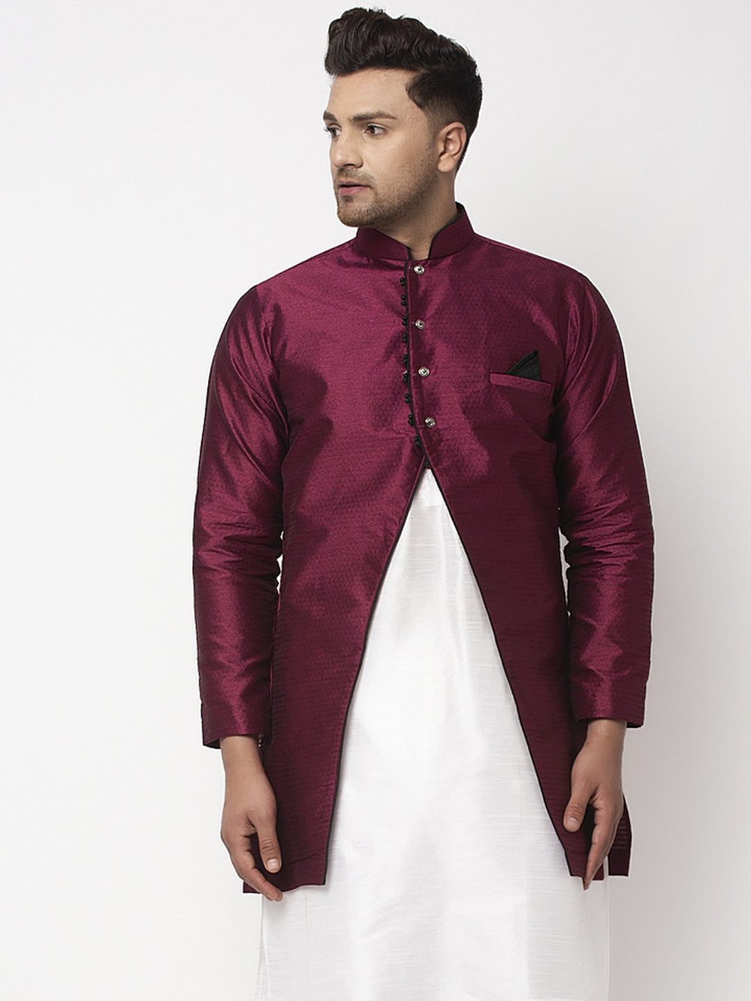 Men's Burgundy Self Design Sherwani Jacket - Benstoke