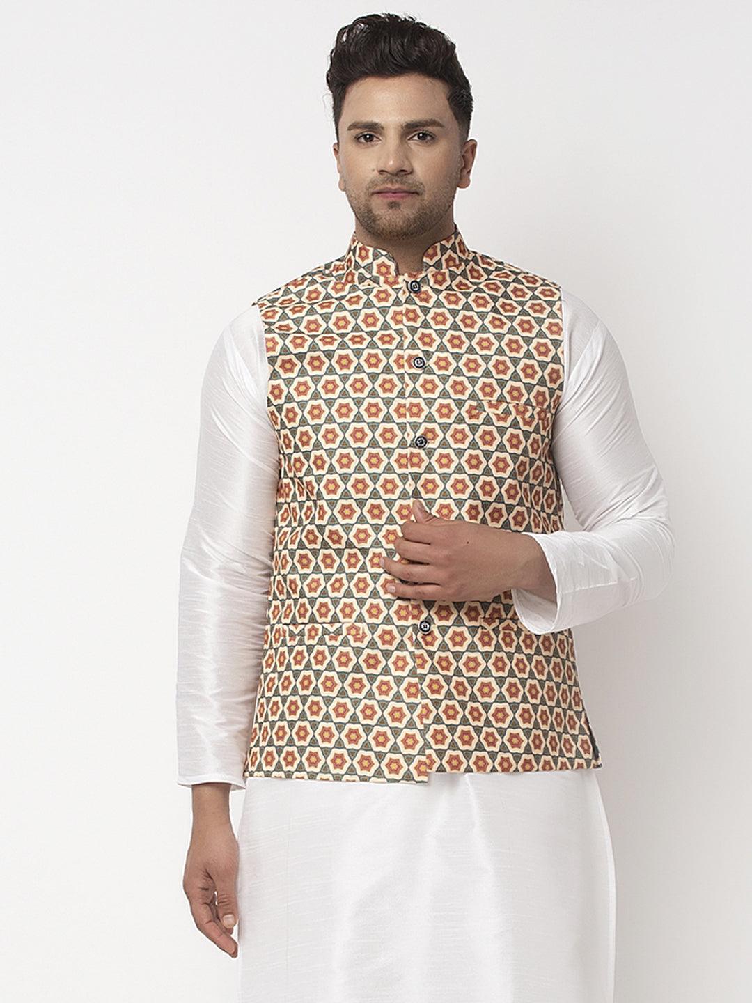 Men's Green & Beige Printed Nehru Jacket - Benstoke - Indiakreations