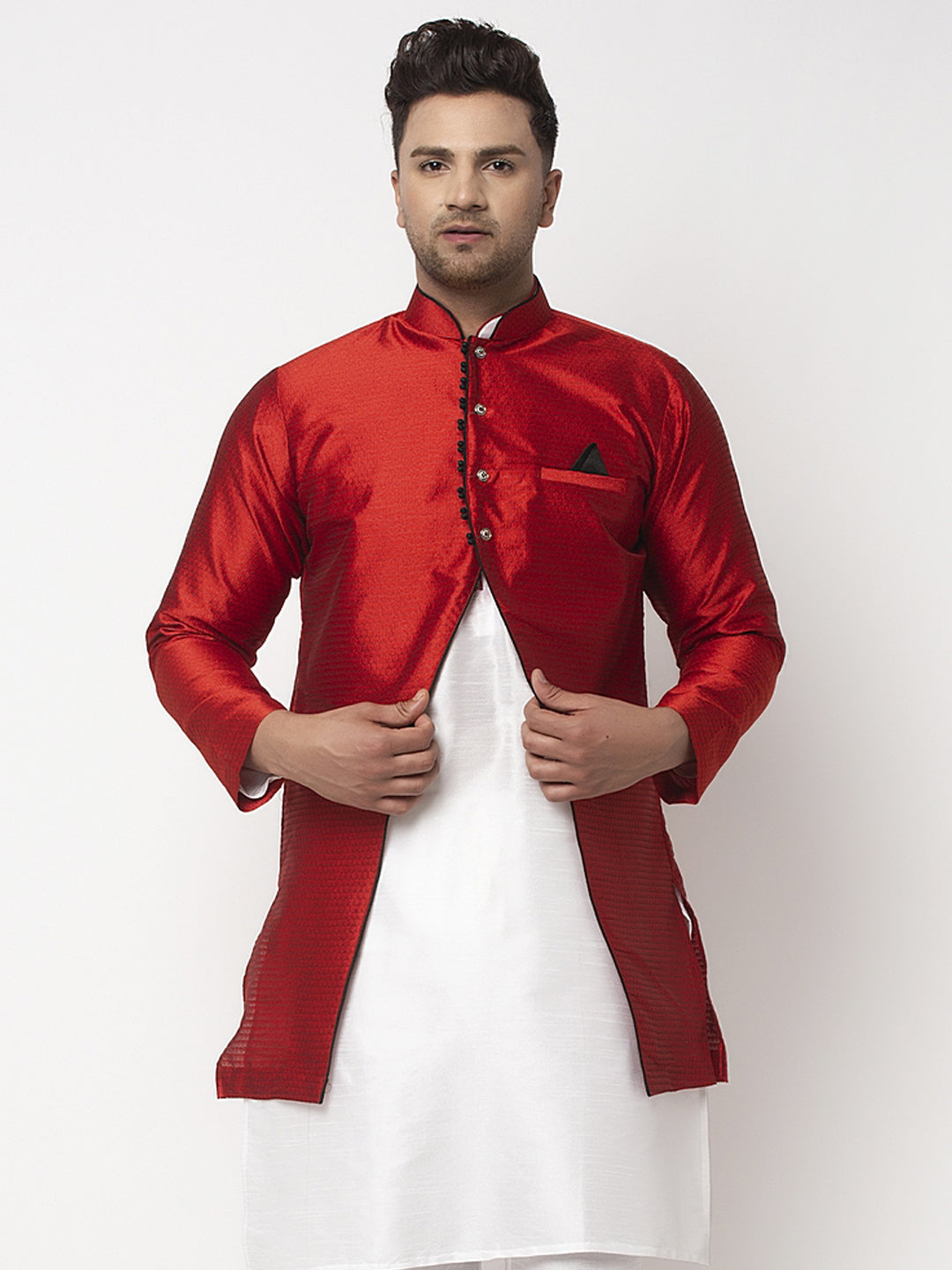 Men's Red Self Design Sherwani Jacket - Benstoke