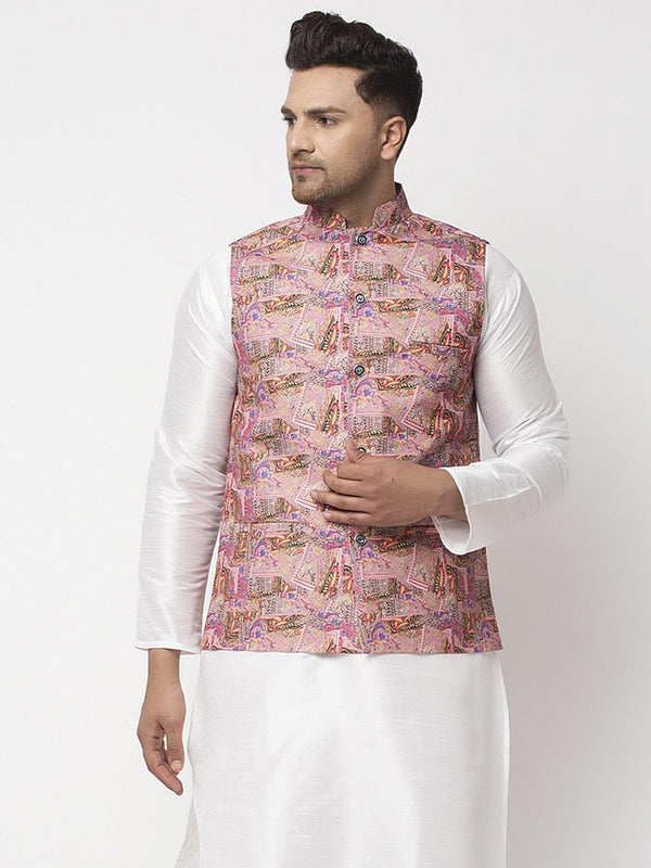 Men's Pink & Multi Printed Nehru Jacket - Benstoke - Indiakreations