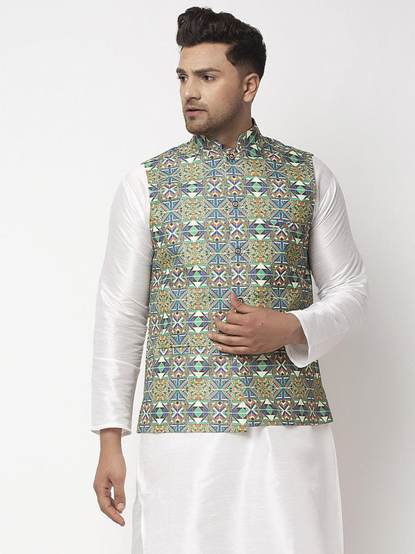 Men's Green & Blue Printed Nehru Jacket - Benstoke - Indiakreations