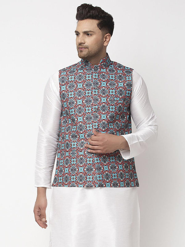 Men's Sky Blue & Black Printed Nehru Jacket - Benstoke - Indiakreations