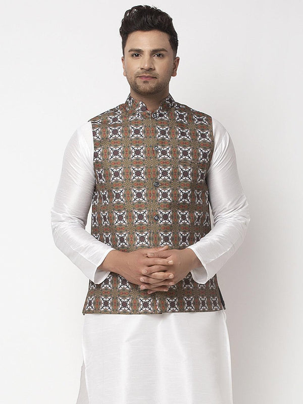 Men's Olive Green & White Printed Nehru Jacket - Benstoke - Indiakreations