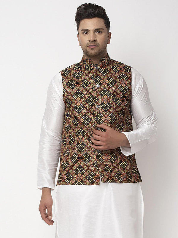 Men's Black & Brown Printed Nehru Jacket - Benstoke - Indiakreations