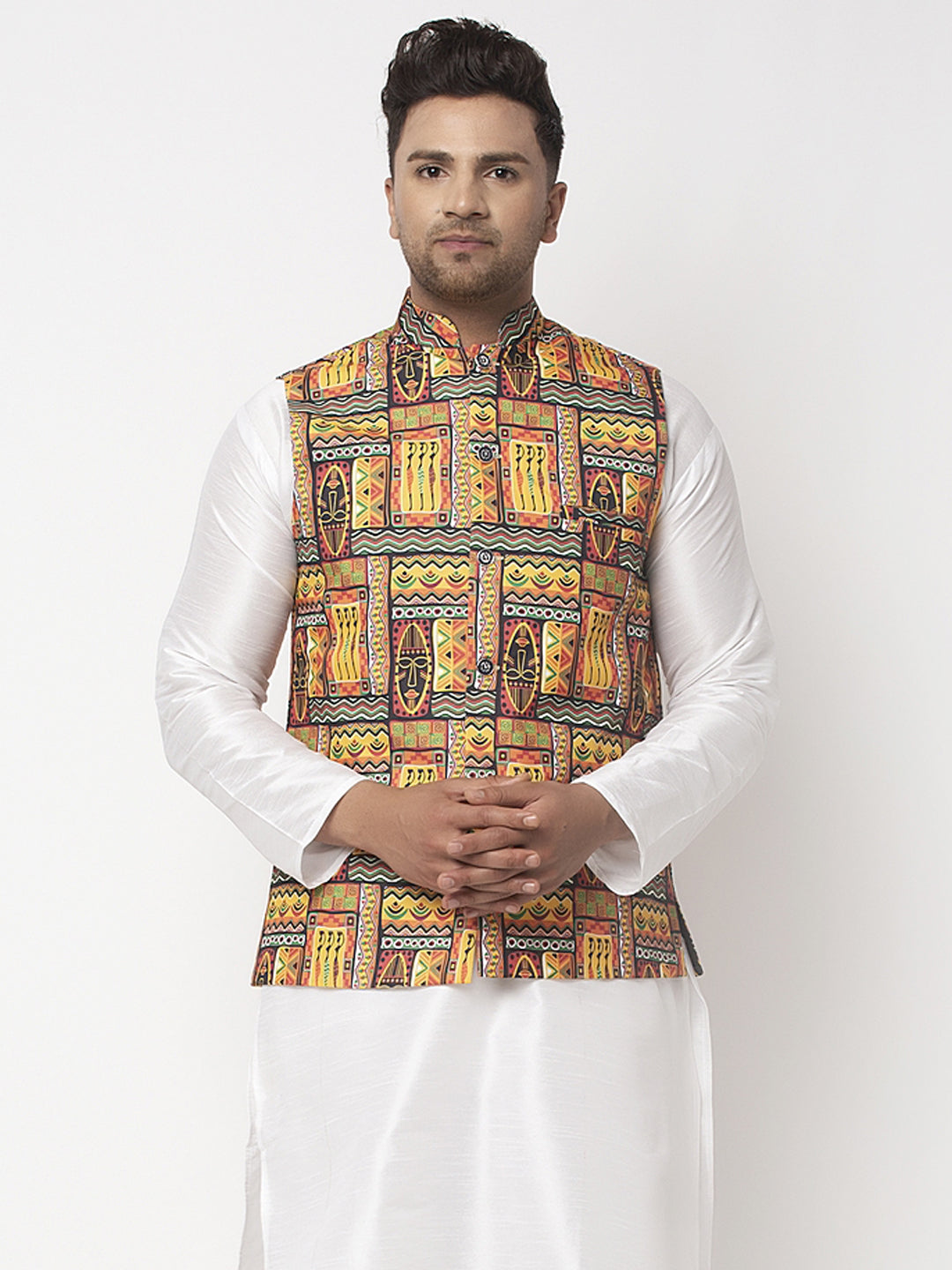 Men's Yellow & Black Printed Nehru Jacket - Benstoke