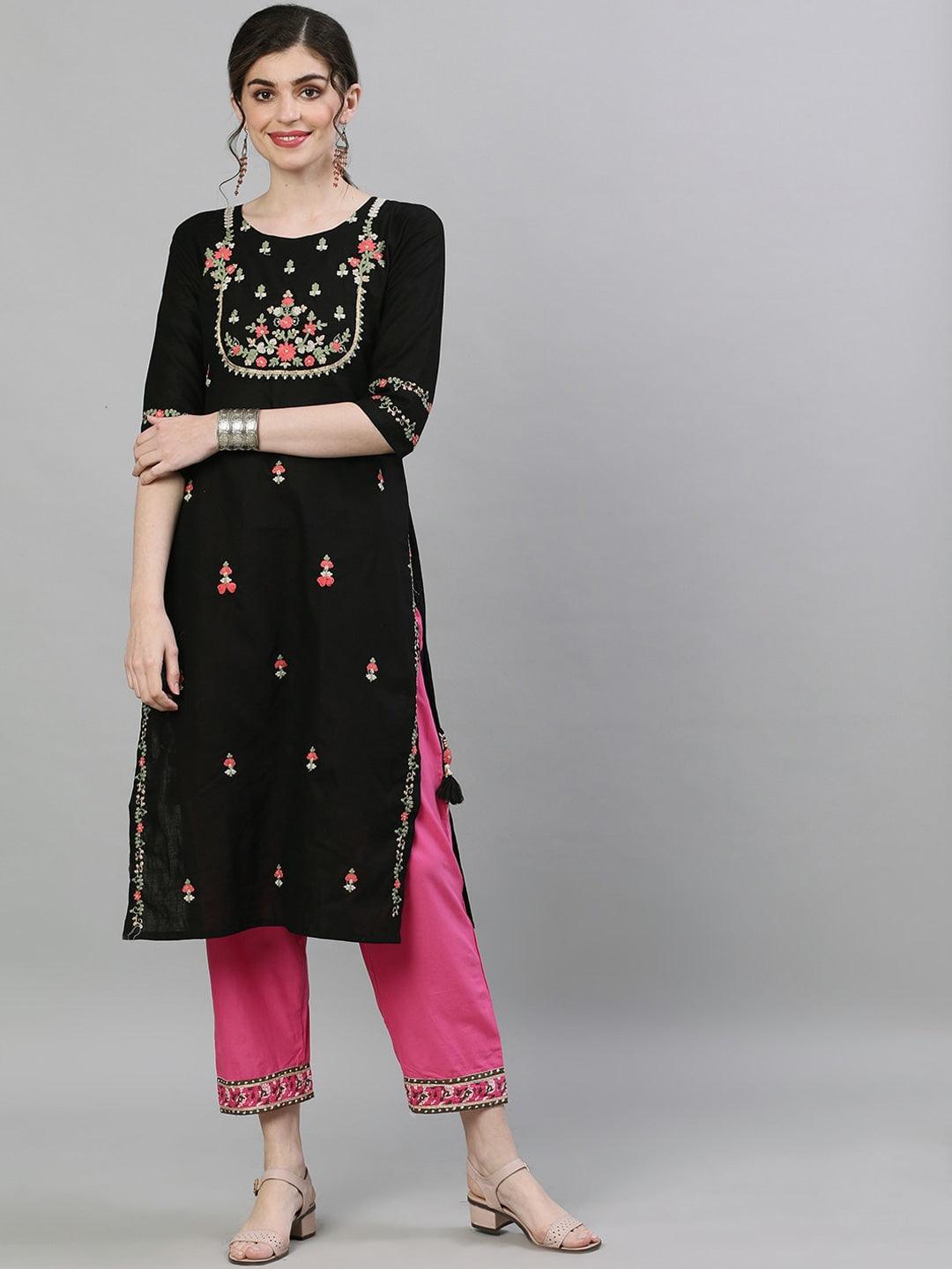 Women Black Cotton Straight Kurta by Ishin (1pc) - Indiakreations