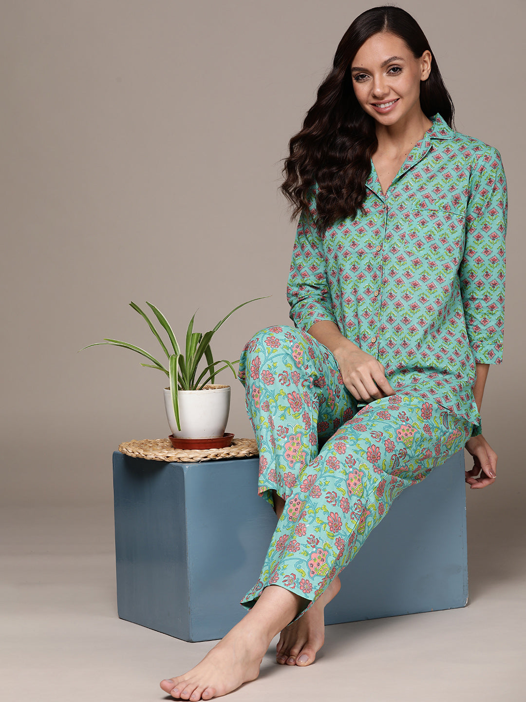 Women's Mint Green Floral Printed Pure Cotton Night Suit - Anubhutee