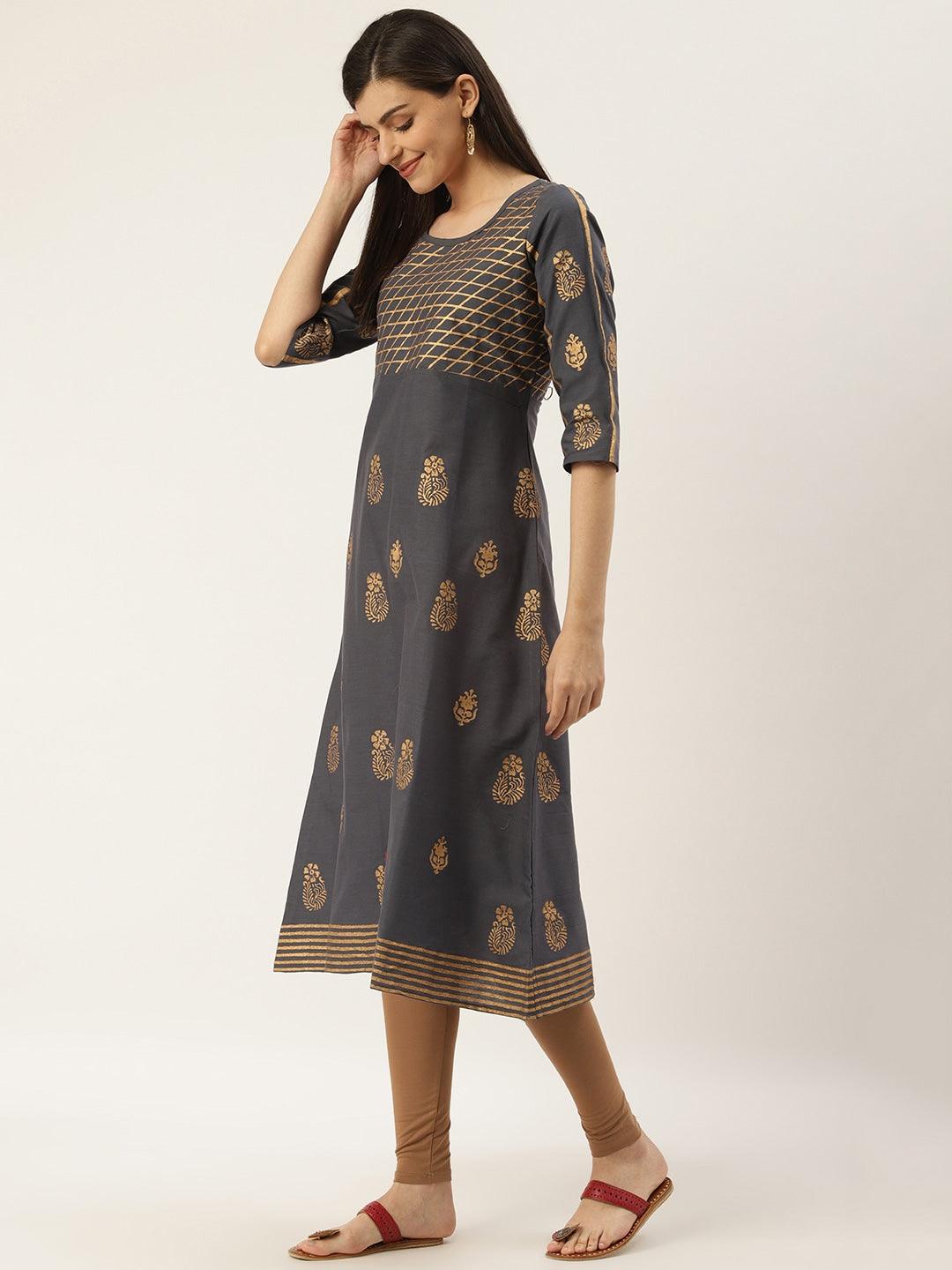 Women's Charcoal Grey & Golden Printed A-Line Kurta - Noz2Toz - Indiakreations